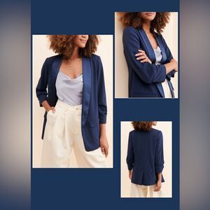 Anthropologie x Hutch Navy Blue Texture Block Open Front Blazer